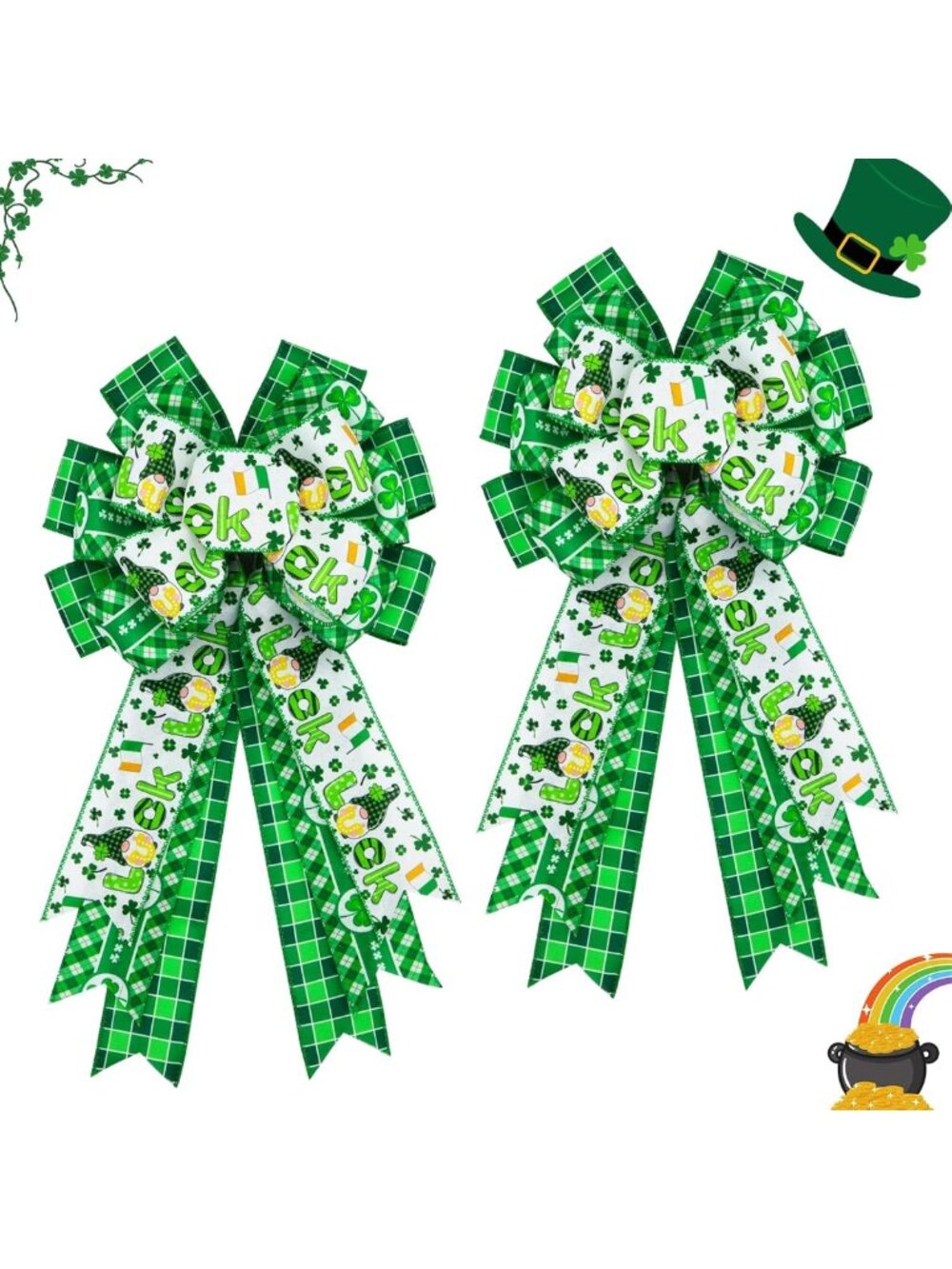2 Pack Large St. Patrick's Day Wreath Bows - Green Shamrock Decor 20"x11